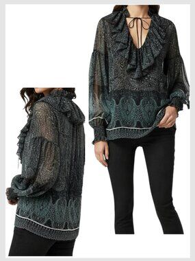 Alice + Olivia Julius Paisley Ruffle Blouse Green Black L